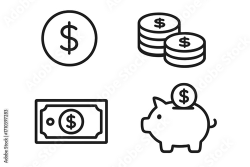 Money, finance, savings line icon set. Concepts for banking, investment, currency, economy. Includes vector icons of piggy bank, dollar coins, cash, banknote for web and apps.