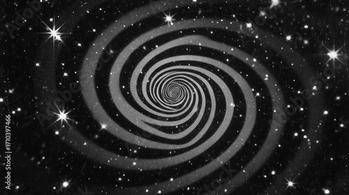 A mesmerizing grayscale spiral vortex against a starry backdrop, creating a sense of depth and cosmic wonder.  The spiral's bands subtly vary in shade, drawing the eye inwards