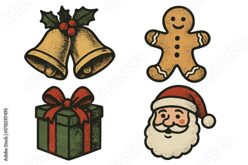 Retro Christmas sticker set with Santa Claus, gift box, gingerbread man, and jingle bells. Vintage holiday vector illustration with halftone texture for festive design.