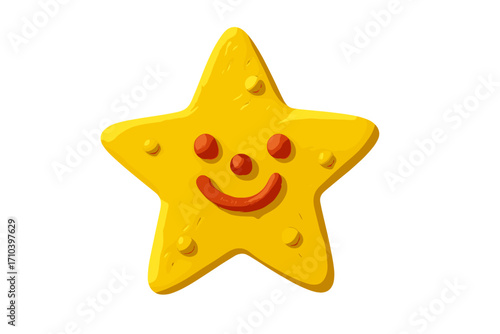 Happy yellow star character with cute smile. Plasticine 3D icon. Naive childish style clay model. Fun cartoon symbol of success, rating, achievement. Isolated vector element.