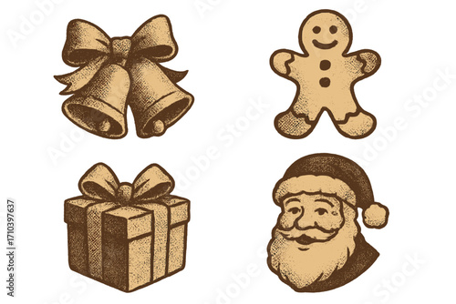 Vintage Christmas icon set with Santa Claus head, gingerbread man, gift box, and jingle bells. Retro holiday design elements with halftone photocopy texture. Vector illustration.