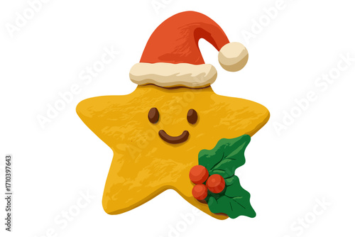 Christmas star cookie character with Santa hat and holly. Cute claymation plasticine figure for holiday design. Festive winter mascot in naive childish style. Isolated vector art.
