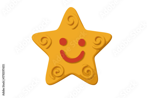 Happy star cookie character. Cute smiling yellow star with a face. Claymation plasticine handmade style for kids. Naive cartoon vector illustration. Isolated element.