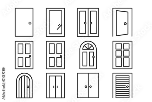 Door icon set collection of various entrance and exit symbols. Thin line art pictogram pack for web and mobile app design. Editable stroke vector graphic elements. Simple outline.