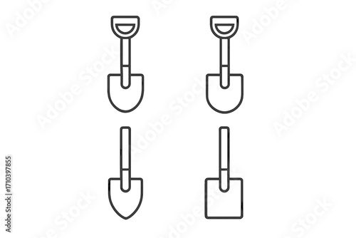 Shovel and spade line icon set. Garden and construction tool collection. Vector symbols for digging, excavation, and groundwork. Simple outline pictogram pack for web and apps.