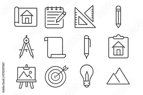 Drafting and drawing thin line icon set. Creative process, project planning and architecture concept. Vector icons for business goals, ideas, and solutions. Editable stroke.