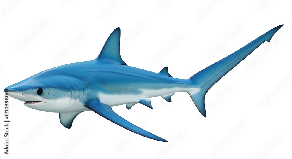 Naklejka premium Isolated thresher shark close-up view, ocean predator with large eyes and long tail fin