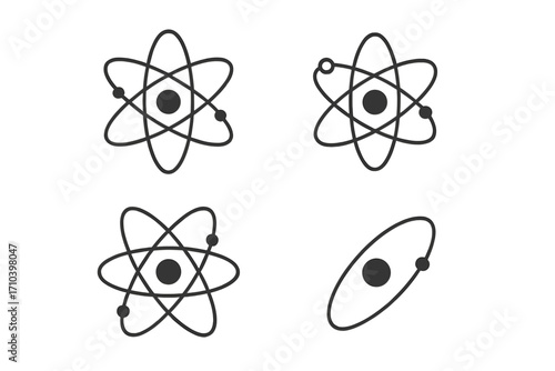 Atom icon set. Science symbol collection. Physics, chemistry concept. Nuclear energy, molecule, electron orbit pictogram for web. Editable stroke vector illustration.