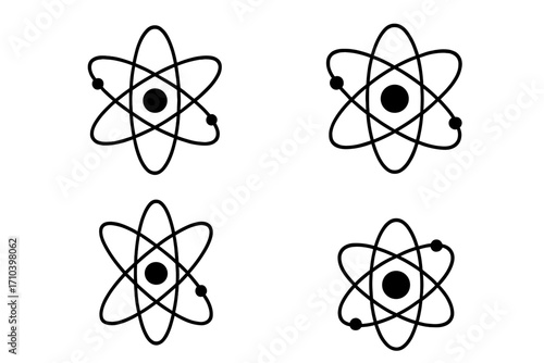 Atom icon vector set. Simple linear outline symbols. Atomic structure, nucleus, electron orbit. Physics, chemistry, science, molecule, nuclear energy, research concept.