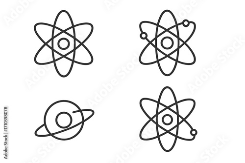 Atom and planet line icon set. Science, physics, chemistry symbols. Nuclear energy, molecule structure, electron orbit concepts. Editable stroke vector for web and apps.