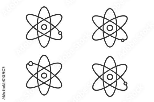 Atom icon set, science symbols. Physics, chemistry, nuclear energy concept. Molecule structure, particle with electron orbit. Simple outline vector. Editable stroke design.