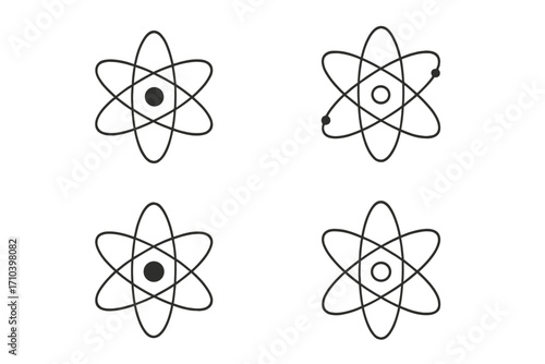 Atom icon set science symbol. Vector collection of simple linear atomic models with nucleus and electron orbit. Physics and chemistry concept. Nuclear energy particle illustration.