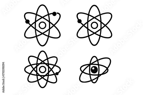 Atom icon collection. Science symbols for physics and chemistry education. Vector atomic structure with nucleus, electron orbit. Particle, molecule, quantum mechanics concept.