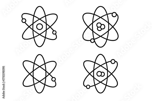 Bundle of atom and molecule line icons. Physics and chemistry scientific symbols. Vector illustration of nuclear structure with electrons, protons, and neutrons. Editable stroke.