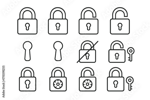 Collection of Thin Padlock and Lock Icons, Editable Stroke Vector Set for Security, Privacy, Safety, Web, Apps, Books Design, Cartoon Style, Transparent Background