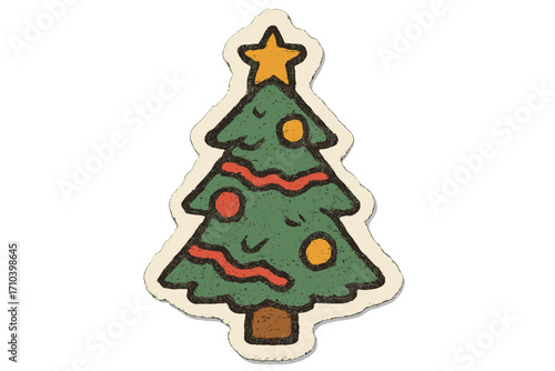 Christmas tree decorated with star and baubles, torn paper collage sticker, festive holiday vector illustration, clipping paper scrap, cartoon style design