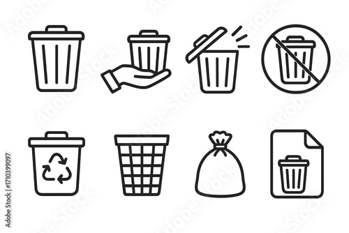 Trash can icons set for web, apps, and print. Line style editable stroke. Vector cartoon illustration of garbage bin, recycling, no trash symbol, trash bag, basket, and file with trash sign.