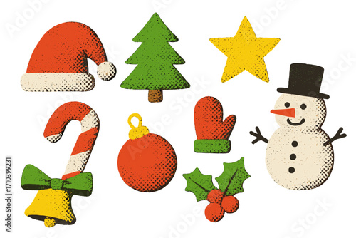 Trendy Christmas halftone dotted effect elements set for New Year festive decoration, naive collage art, cute craft knick-knacks, modern vintage style vector illustration, cartoon holiday icons