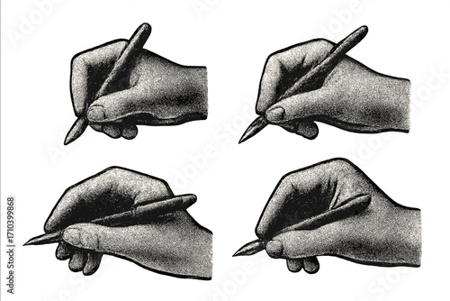 Vintage halftone stipple effect writing hands set, trendy photocopy collage, Y2K style, isolated vector illustrations, cartoon hand drawing grips, retro pen holding design