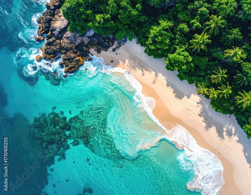Fototapeta Naklejka Na Ścianę i Meble -  Aerial View of Tropical Island Paradise with Turquoise Water White Sand Beach and Lush Green Trees in Bright Sunlight