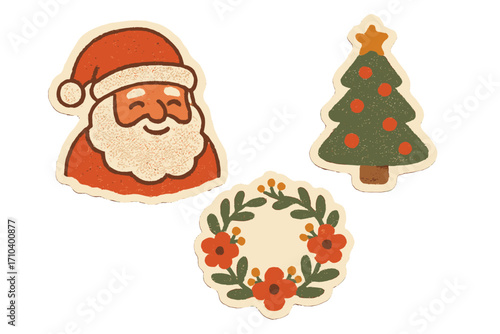Vintage torn paper stickers set with warm Santa Claus, decorated Christmas tree, and floral wreath in naive clay style, retro halftone vector illustration design for holiday seasons