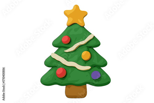 Christmas tree clay toy with colorful balls and star decoration, festive plasticine holiday decoration in naive childish style, isolated vector cartoon illustration transparent background