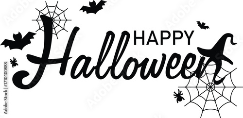 Vector typography design with "Happy Halloween" text, bats, spider webs, and witch hat, perfect for festive decorations, invitations, and seasonal graphics.