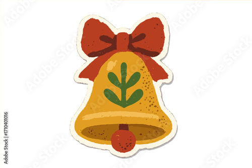Vintage Christmas bell with red bow and green leaf design, torn paper sticker style, naive halftone collage vector, cartoon clay toy illustration, festive holiday decoration transparent background