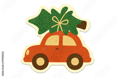 Christmas tree on car roof vector illustration, torn paper sticker style, naive halftone collage art, vintage clay toy design, holiday car decoration, festive Xmas scene
