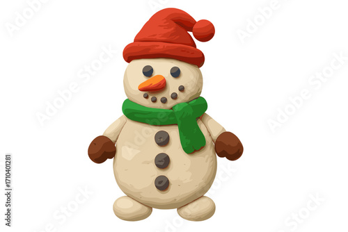 Christmas snowman with red hat, green scarf, and brown mittens. Clay plasticine cute holiday figure in naive childish style. Winter decoration vector cartoon isolated on white background.