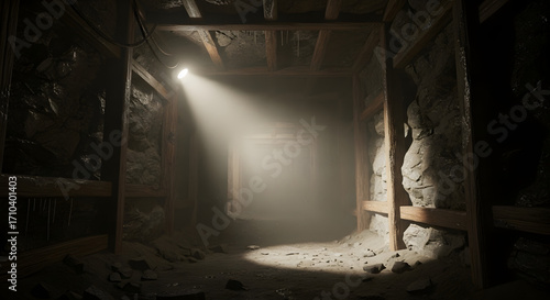 Fototapeta Naklejka Na Ścianę i Meble -  Dark Ancient Mine Tunnel Illuminated by Spotlight.