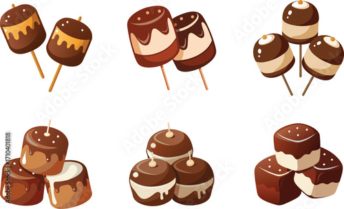 Delicious looking selection of cartoon chocolate covered marshmallow treat designs