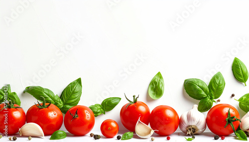 Wallpaper Mural Fresh tomatoes, garlic, and basil on a white background, copy space. AI Torontodigital.ca