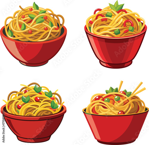 Cartoon Illustration of Four Bowls of Noodles Topped with Vegetables and Spices