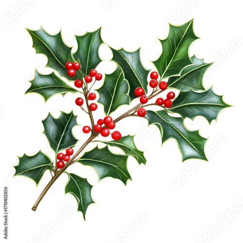 Vibrant Holly Branch with Glossy Green Leaves - Professional Stock Photo
