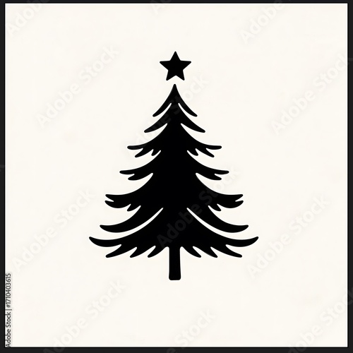 Minimalist Black Christmas Tree with Star Silhouette on White Background