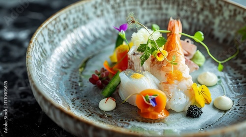 Foto Kaiseki inspired fine dining dish seafood and seasonal vegetables minimalist art