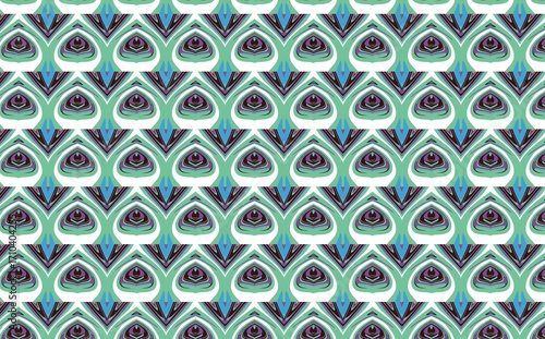 Seamless abstract pattern inspired by peacock feathers, featuring green, blue, purple, and black ornamental shapes.