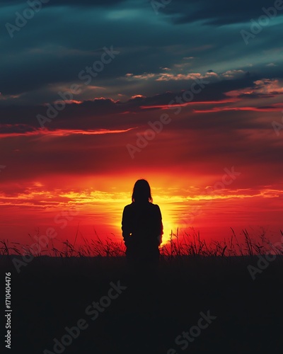 Silhouette of woman watching ocean sunset high resolution picture
