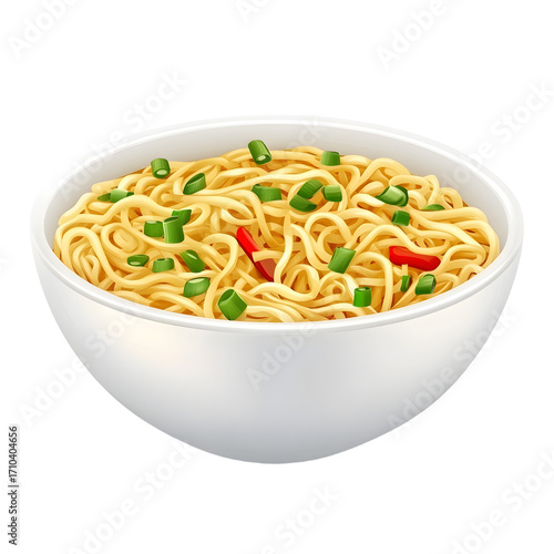 Delicious Bowl of Noodles with Fresh Garlic and Green Onions Isolated on White Background