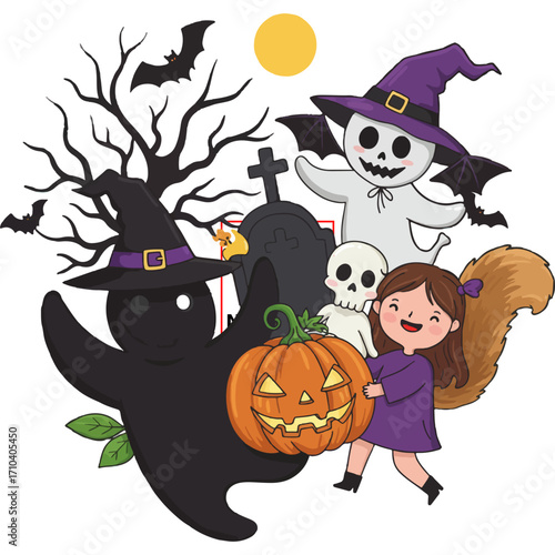 Whimsical Halloween Scene with Witch, Ghost, and Forest Animals