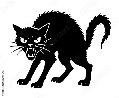 Black silhouette of an aggressive black cat hissing with arched back and bristled fur, vector illustration isolated on transparent background. Halloween design element