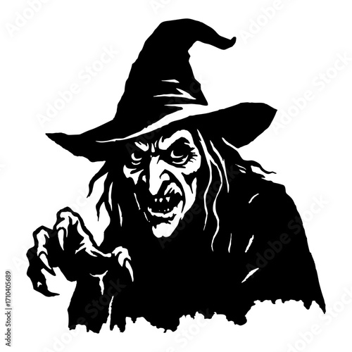 Black wicked witch in a pointed hat with a menacing expression and clawed hand gesture. Vector illustration isolated on transparent background