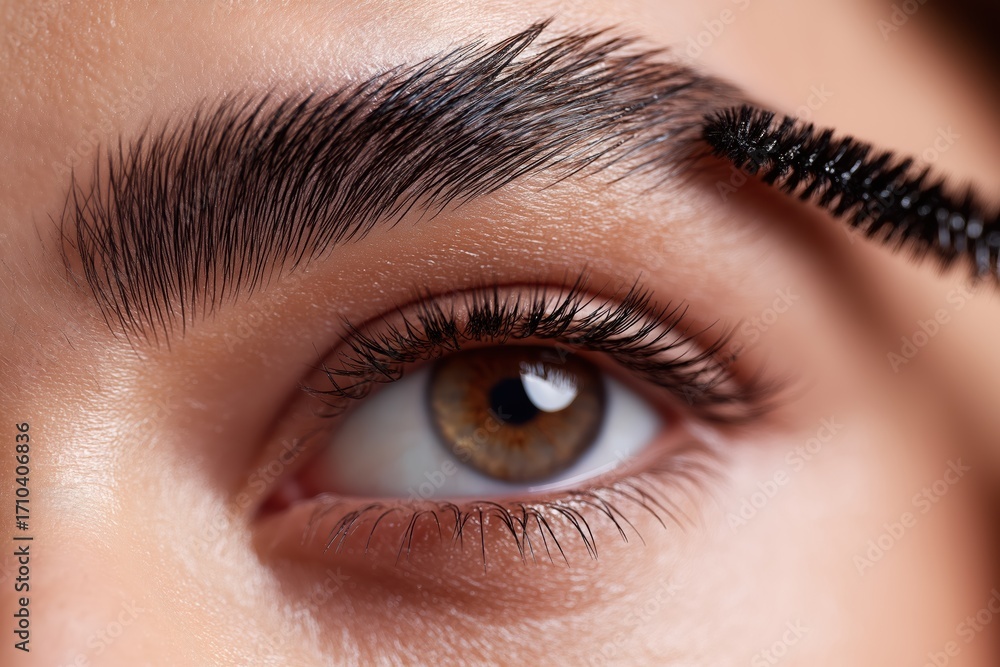 Obraz premium Extreme close up of woman eye with eyebrow grooming using spoolie brush, beauty care and cosmetic detail for natural makeup look