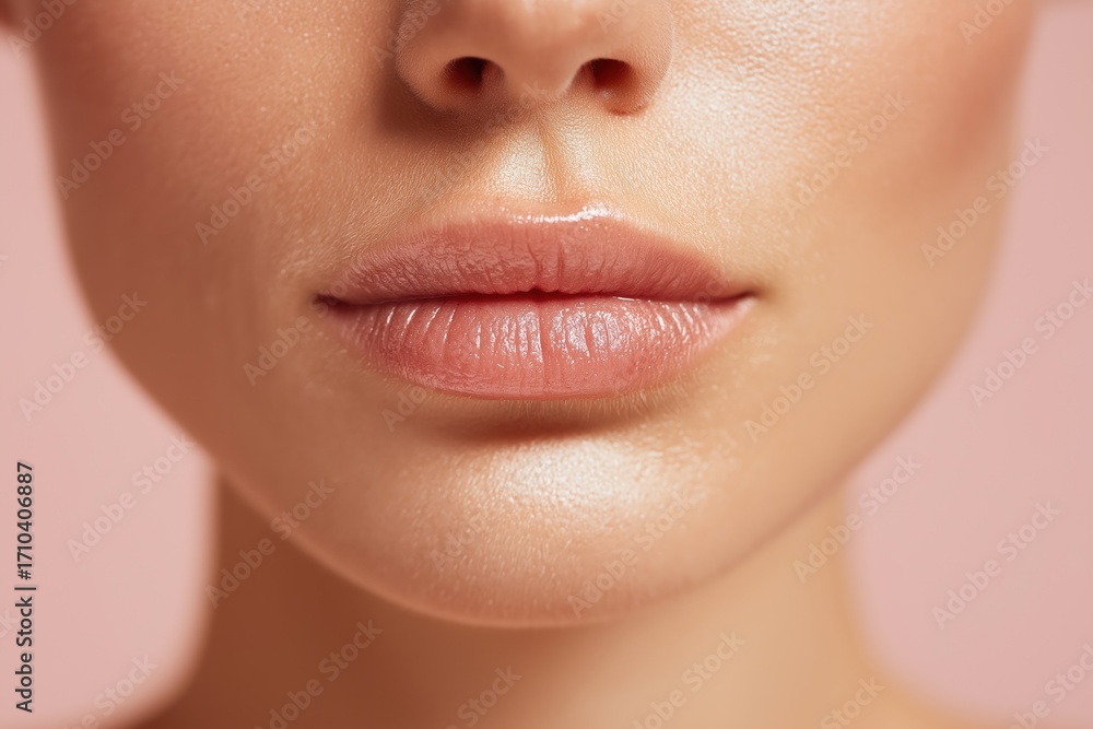Obraz premium Close up front view of natural woman lips with soft glossy texture, healthy beauty detail and skincare concept on pastel background