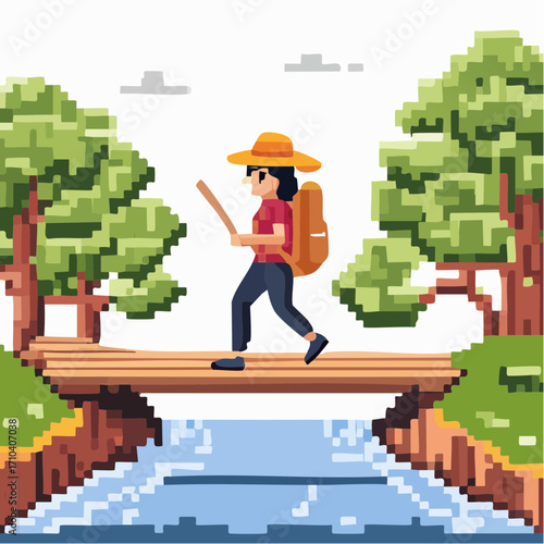 Pixel art illustration of a woman enjoying a solo hiking adventure, crossing a wooden bridge in a retro 8-bit video game style
