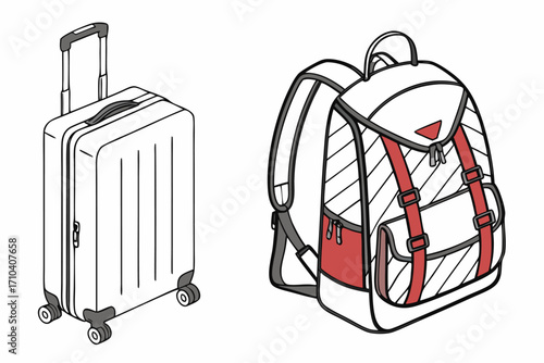 Isometric illustration of white rolling suitcase and backpack with red accents travel luggage set.