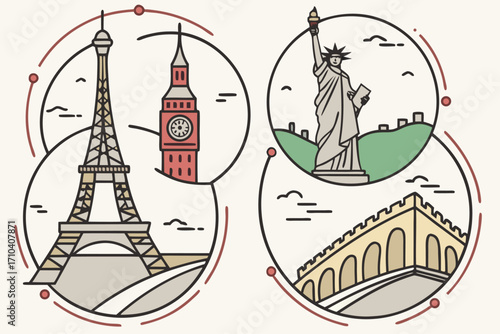 Minimalist outlined flat design illustration featuring iconic global landmarks Eiffel Tower Big Ben Statue of Liberty Great Wall.