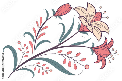 Stylized botanical illustration featuring cream lilylike blooms pink buds teal leaves and berries on a dark purple stem.