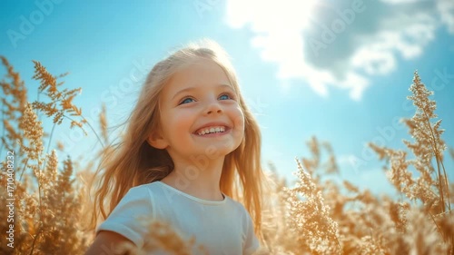 Happy little girl with a joyful smile enjoying the outdoors in a golden wheat field against a sunny sky